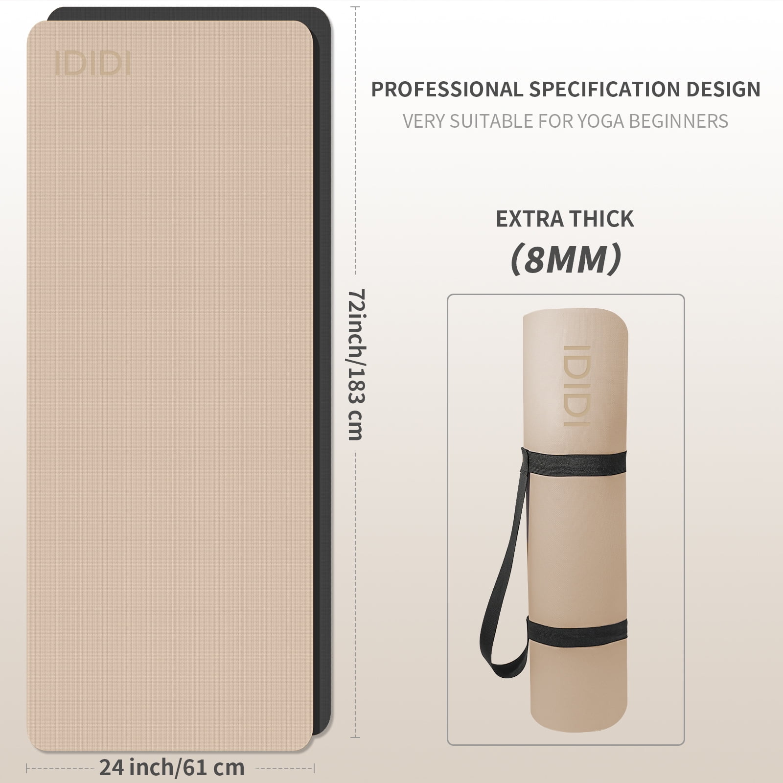 IDIDI Portable Yoga Mat – Travel-Friendly with Strap, 1/3 Inch Thick & Non-Slip – for Home Gym, Workout & Hot Yoga – Exercise Mat for Men, Women & Kids(Beige+Black)