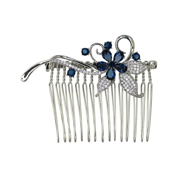Faship Gorgeous Dark Blue CZ Crystal Floral Hair Comb