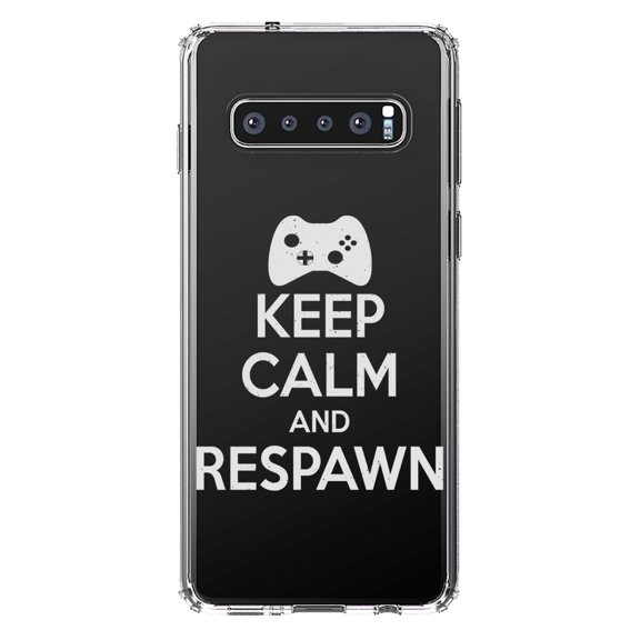 DistinctInk Clear Shockproof Hybrid Case for Samsung Galaxy S10  PLUS (6.4" Screen) - TPU Bumper Acrylic Back Tempered Glass Screen Protector - Keep Calm and Respawn Gamer Video Games