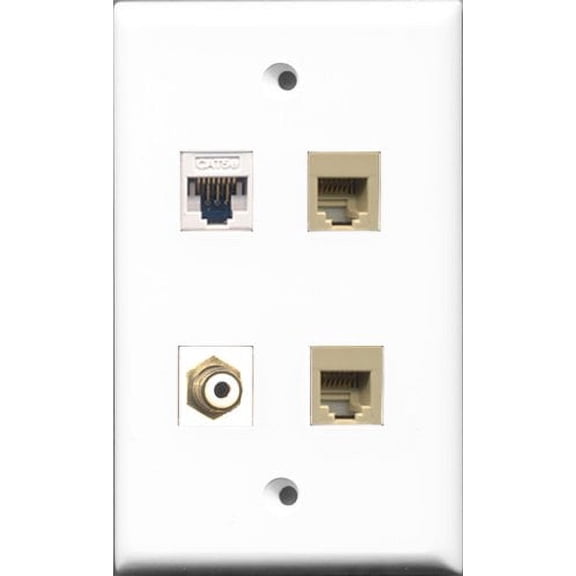 RiteAV 1 Port RCA White 2 Port Phone RJ11 RJ12 Beige and 1 Port Cat5e Ethernet White Wall Plate