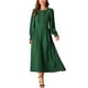 thumbnail image 2 of Vestido Midi A-Line con Cuello Redondo y Mangas Largas Fruncidas para Mujeres INSPIRE CHIC con Bolsillos Verde Oscuro S, 2 of 5