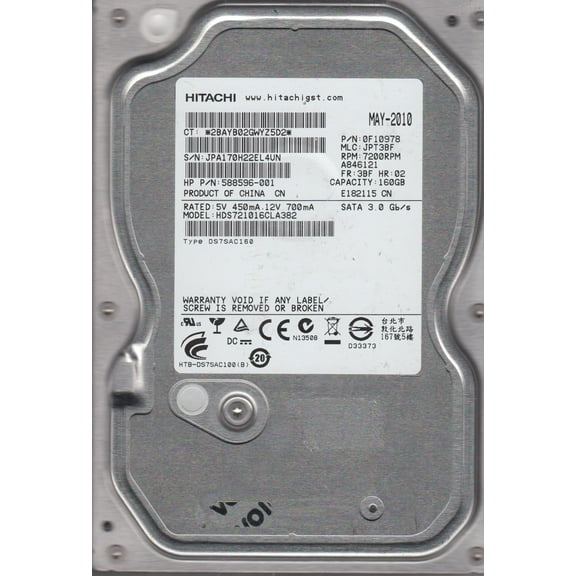HDS721016CLA382, PN 0F10978, MLC JPT3BF, Hitachi 160GB SATA 3.5 Hard Drive