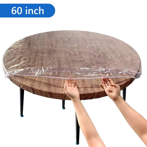 Semfri 60 inch Transparent Elastic Edged Table Cover Elasticized Table Cover Clear Round Tablecloth for Round Table Reusable Wipeable Use in Outdoor Indoor