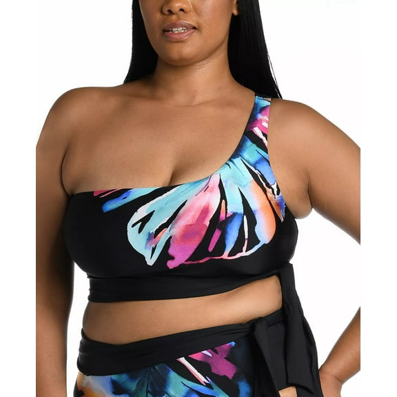 La Blanca BLACK MULTI Plus Size Printed One-Shoulder Bikini Swim Top, US 20W