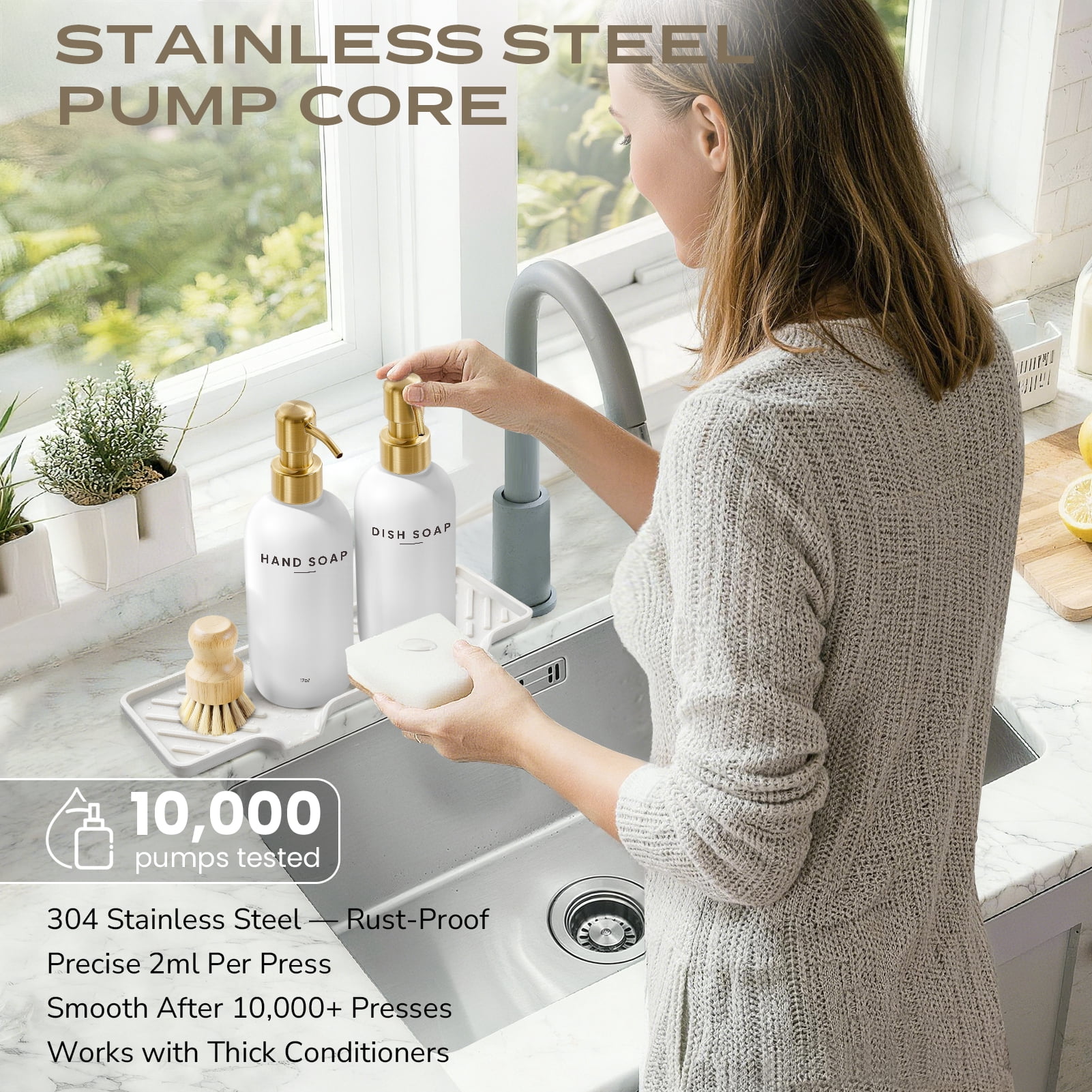 Kitchen Soap Dispenser Set - 17fl oz Glass Bottle, Stainless Steel Pump, Instant Dry Tray and Dish Brush for Bathroom, Office, Hotel, Modern Kitchen Decor & Accessories, Gold