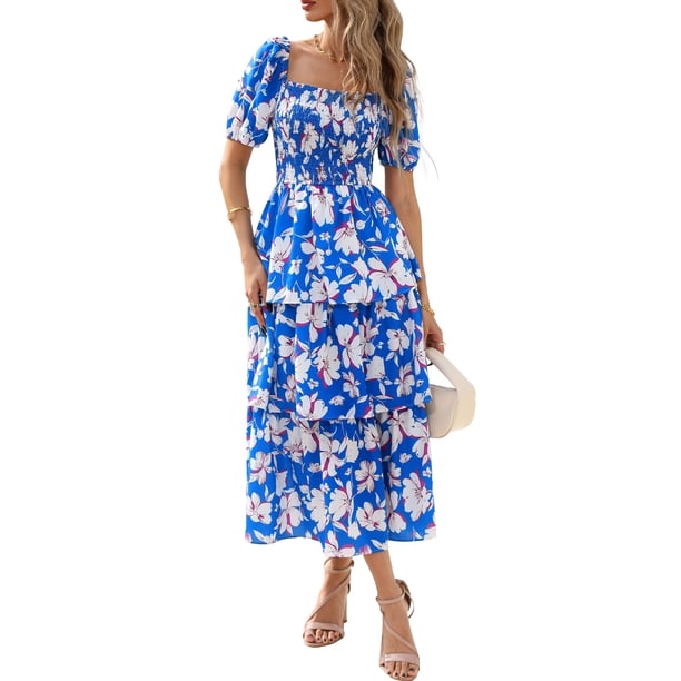 Vestido casual BTFBM para mujer con cuello cuadrado y manga abullonada