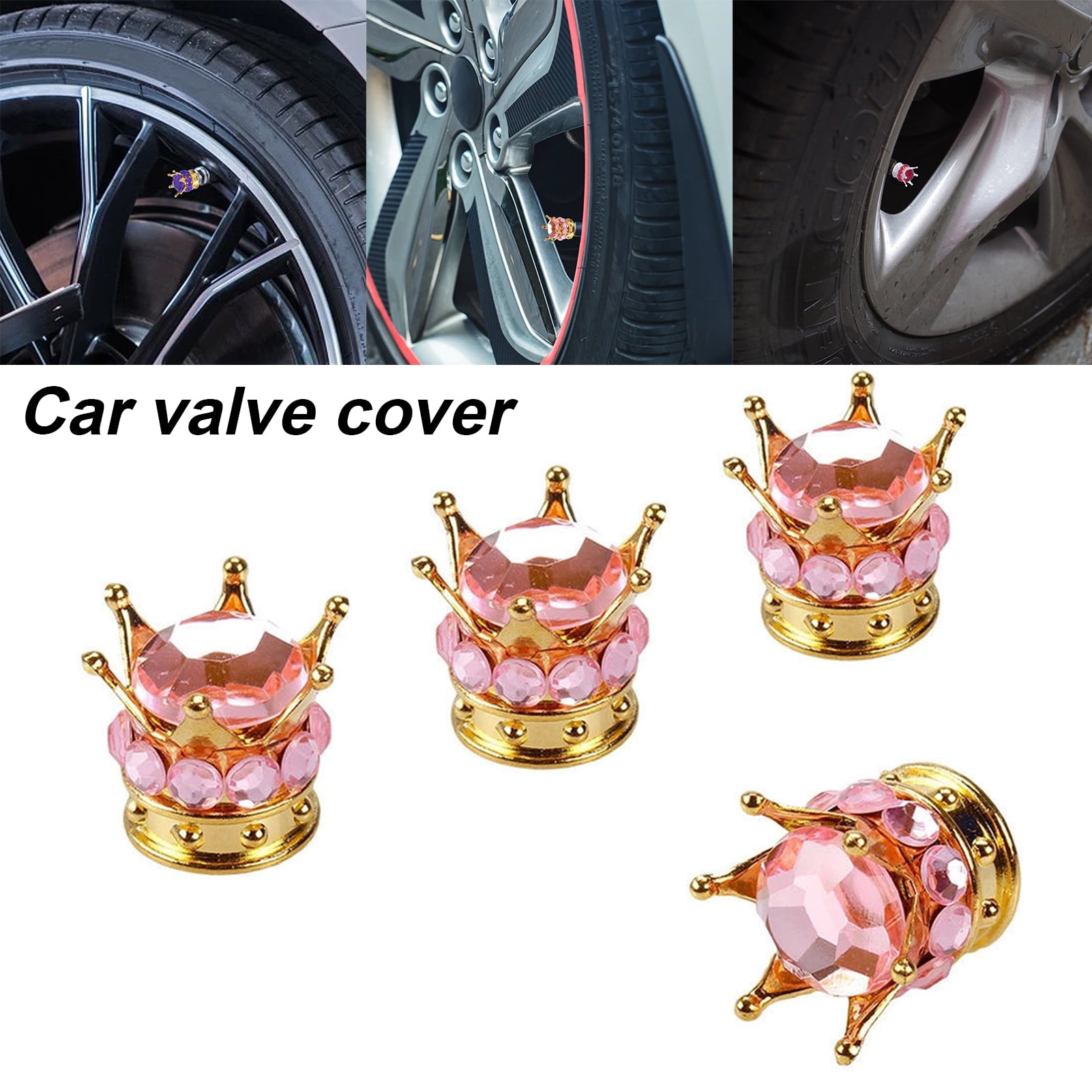 4x Universal Pink Crown Style Car Tire Air Valve Stems Cover Caps Wheel Rims New 