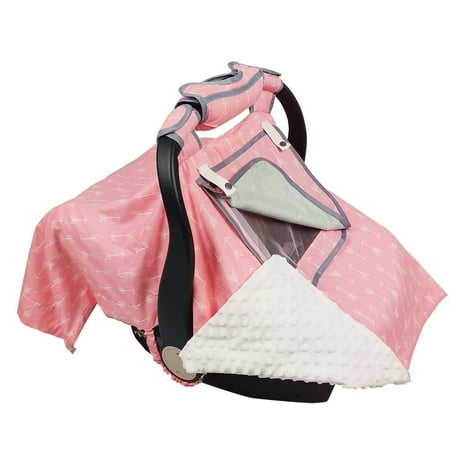 ICOPUCA 2-Layer Baby Car Seat Canopy & Carrier Cover - Pink with White Dots, Soft Minky Fabric, Mesh Window