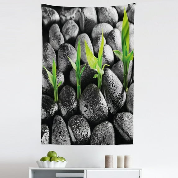Plant Tapestry, Basalt Stones with Bamboo Leaves Sticking Water Droplets Harmony of Nature, Fabric Wall Hanging Decor for Bedroom Living Room Dorm, 5 Sizes, Dark Taupe Lime Green, by Ambesonne