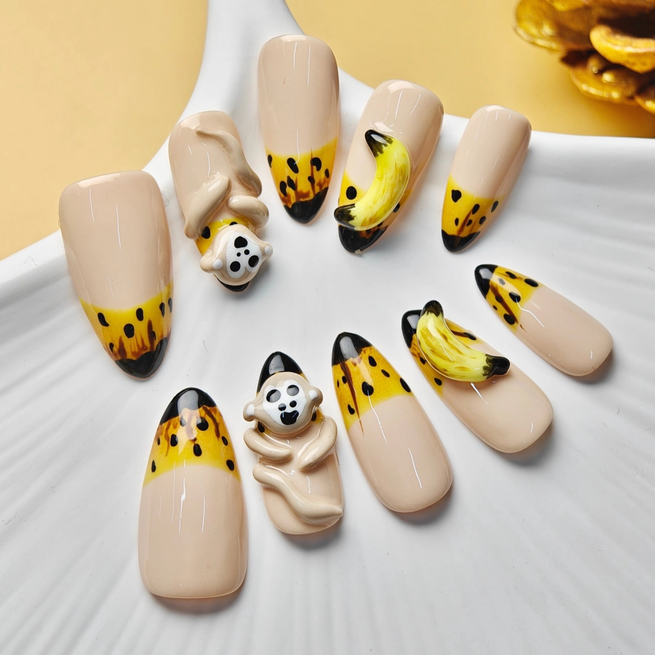 10pcs Almond Medium Handmade Y2K Cute Monkey Nails – Nude Base with Yellow Block & Black Spots, 3D Monkey & Banana Designs, Press On Nails Handmade for Women & Girls