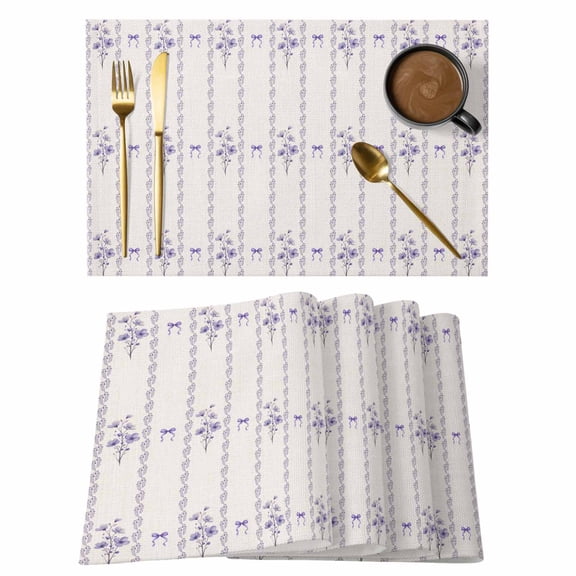 Purple Flowers Placemats Set of 6 Spring Floral Bows Lines Vintage Beige Place Mats Indoor Wipeable Table Mats Washable Cloth Dining Table Placemats for Kitchen Holiday Party Home Decor 13x19 Inch