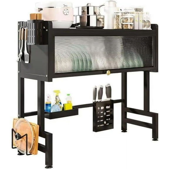 Over The Sink Dish Drying Rack, Over Sink Dish Drain Drying Rack for Kitchen Storage of Dishes and Cutlery, Space Saving Dish Rack with Cover, (Black, 33.5 inch)