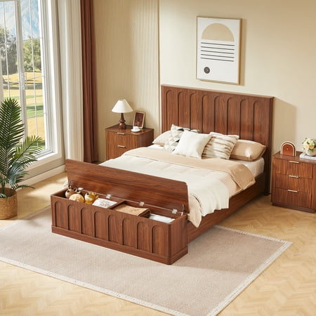 Solid Wood Platform Bed with Trundle and Drawers Queen Size Platform Bed with Spindle Headboard Mid Century Bed Frame for Bed Room No Box Spring Needed Space Saving Walnut