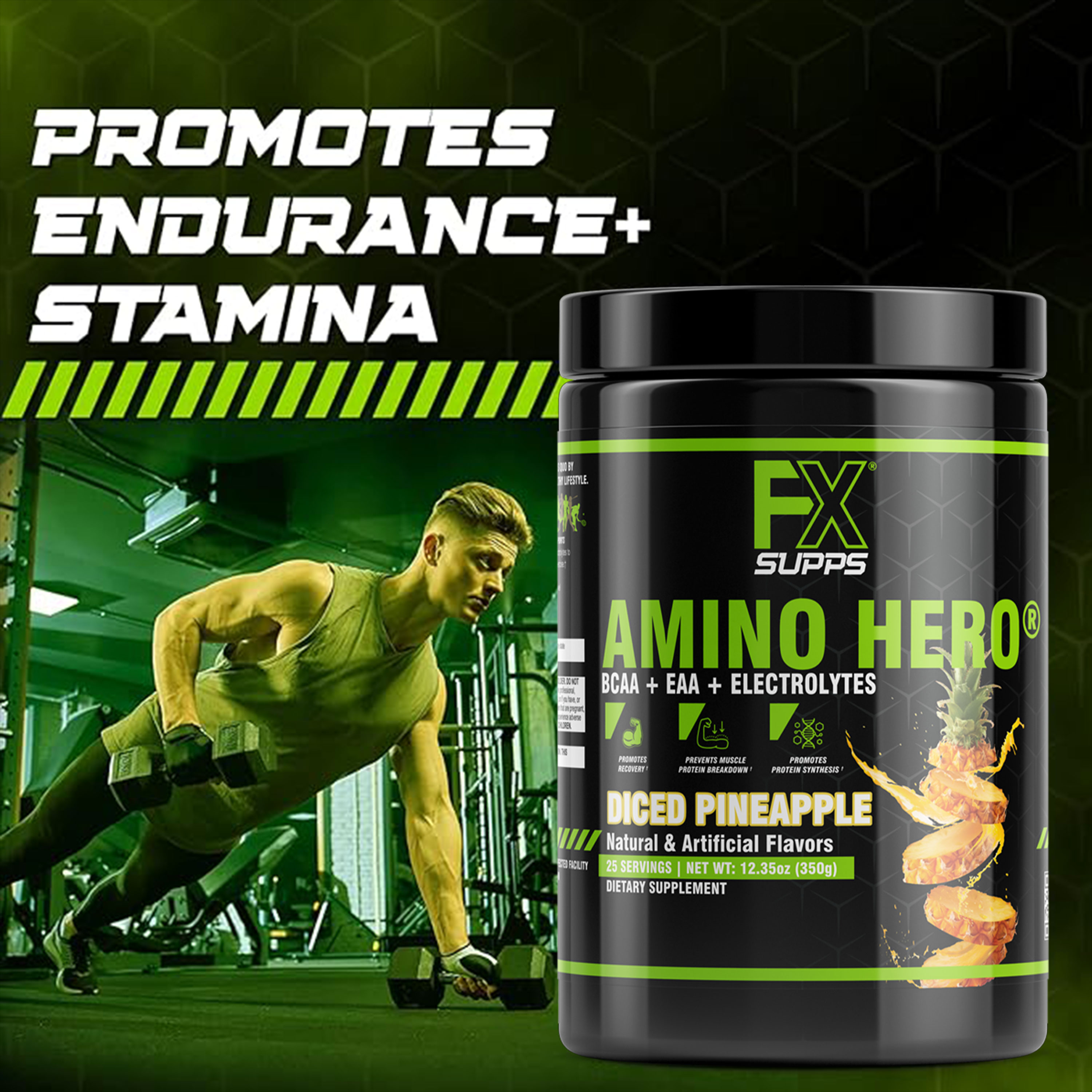FX Supps Amino Hero BCAA Amino Acids Intra-Workout Powder, Diced Pineapple, 25 Servings