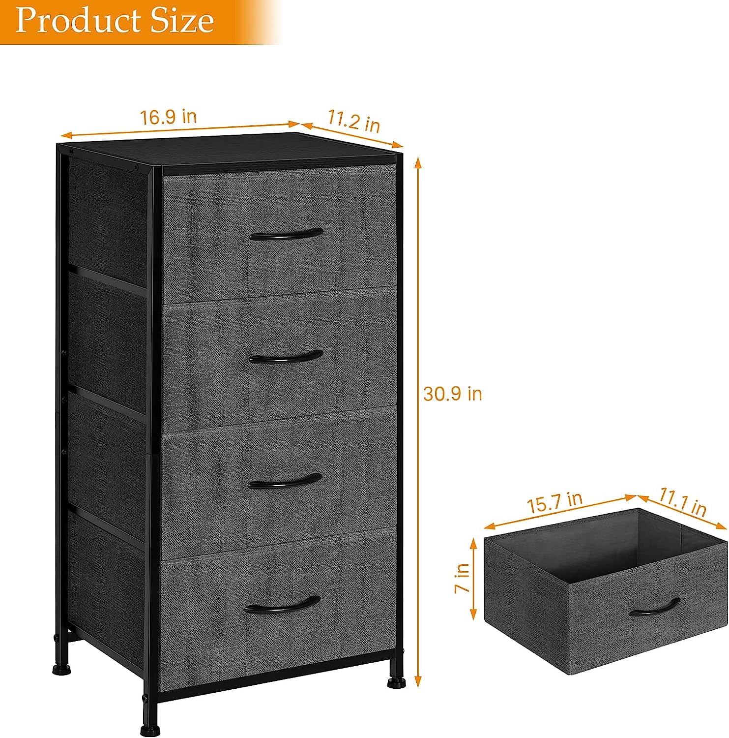 Dresser with 4 Drawers Chest Organizer with Foldable Fabric Bin, Wood Top and Steel Frame, Gray