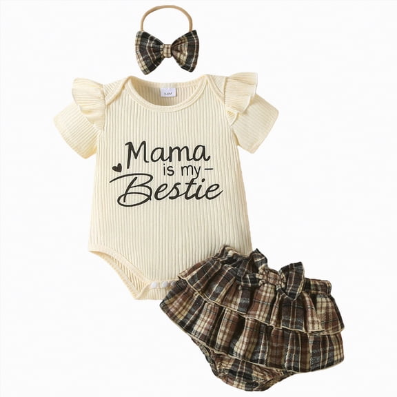 CAICJ98 Bestie Baby Clothes Girl Newborn Short Sleeve Romper Plaid Skirt Shorts Headband 3Pcs Set Infant Girls Summer Outfit (Beige,12-18 Months)