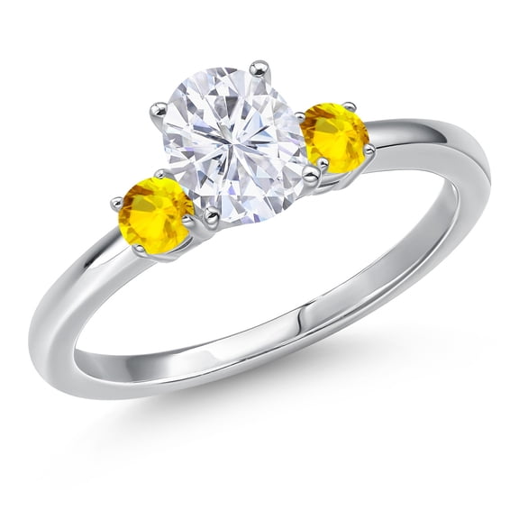 Gem Stone King 14K White Gold White Moissanite and Yellow Sapphire Engagement Ring for Women | 1.17 Cttw | Oval 7X5MM | Gemstone Birthstone | Size 6