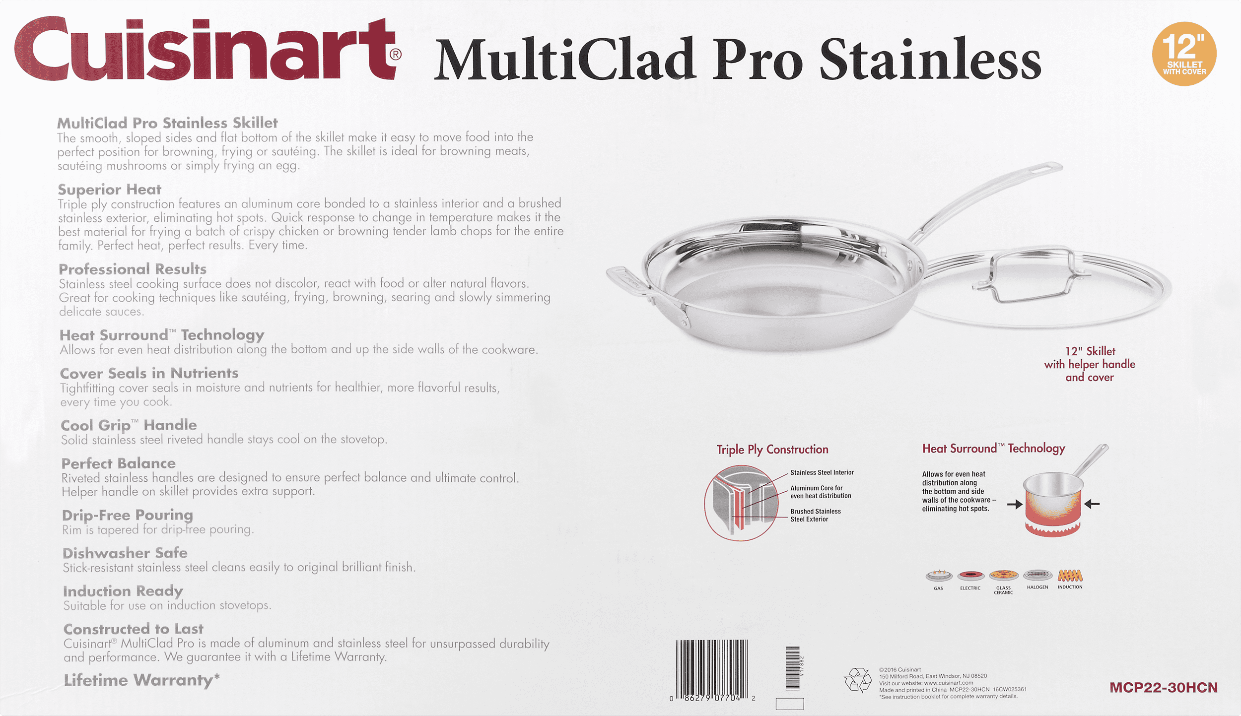 Cuisinart MultiClad Pro 12 w/Helper Handle Skillet, Inch, Non Stick  Stainless Steel