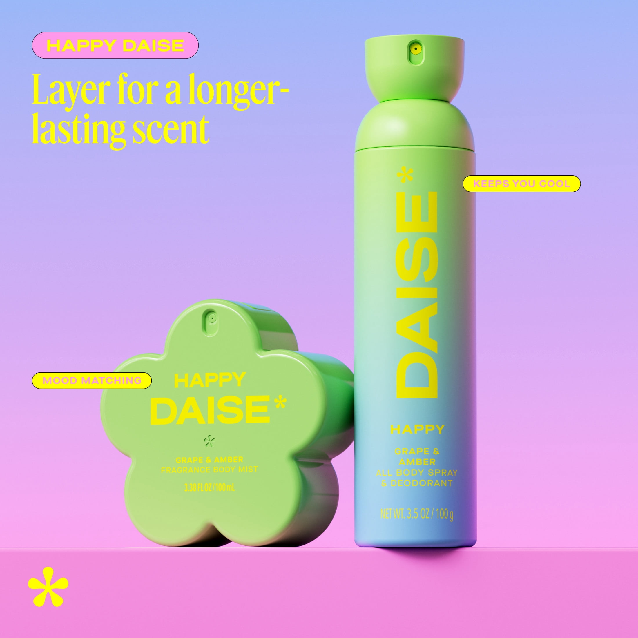 DAISE Spray et déodorant pour tout le corps Happy Daise en raisin et ambre pour une fraîcheur de 24 heures, 3.5 oz/120 mL