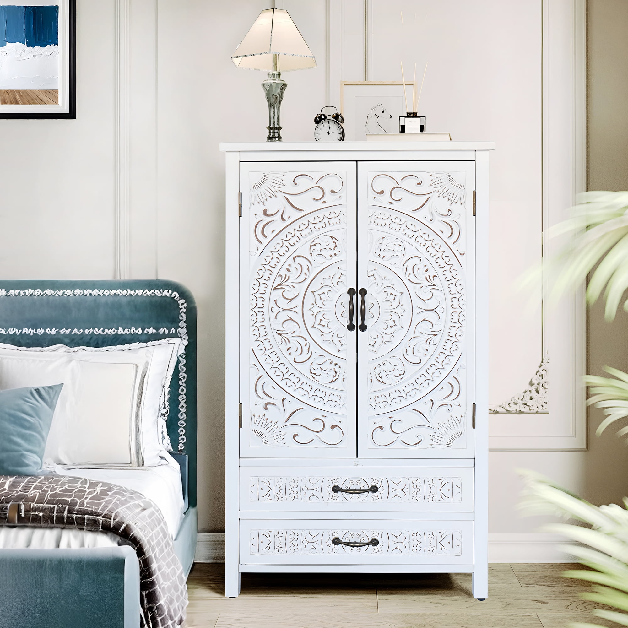 HIUU 48" White Storage Cabinet with Doors and Shelves,Farmhouse Kitchen Pantry Cabinet with Drawers,Bathroom Storage Cabinet with Chic Wood Grain