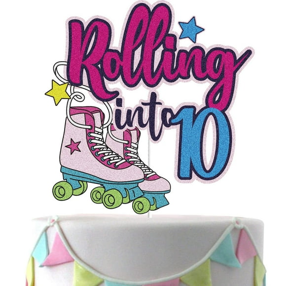 Roller Skate Birthday Cake Topper - Colorful 10th Birthday Decoration for Girls - Retro Hip Hop Theme Party Supplies - Rolling into 10 Cake Decor