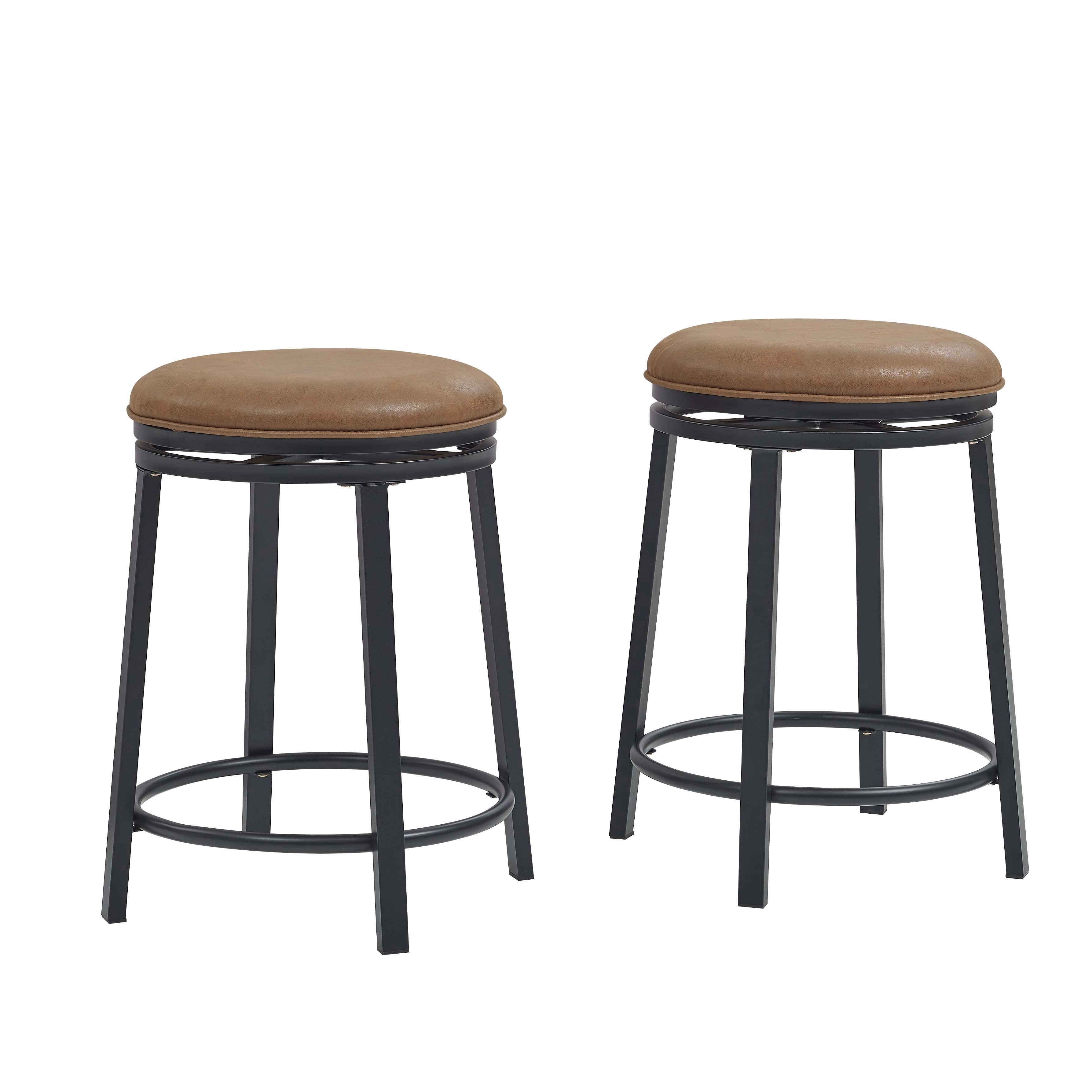 TrumanPick Set of 2 Modern Counter-Height Swivel Stools, 360° Swivel, Brown Fabric Seat, Black Metal Frame