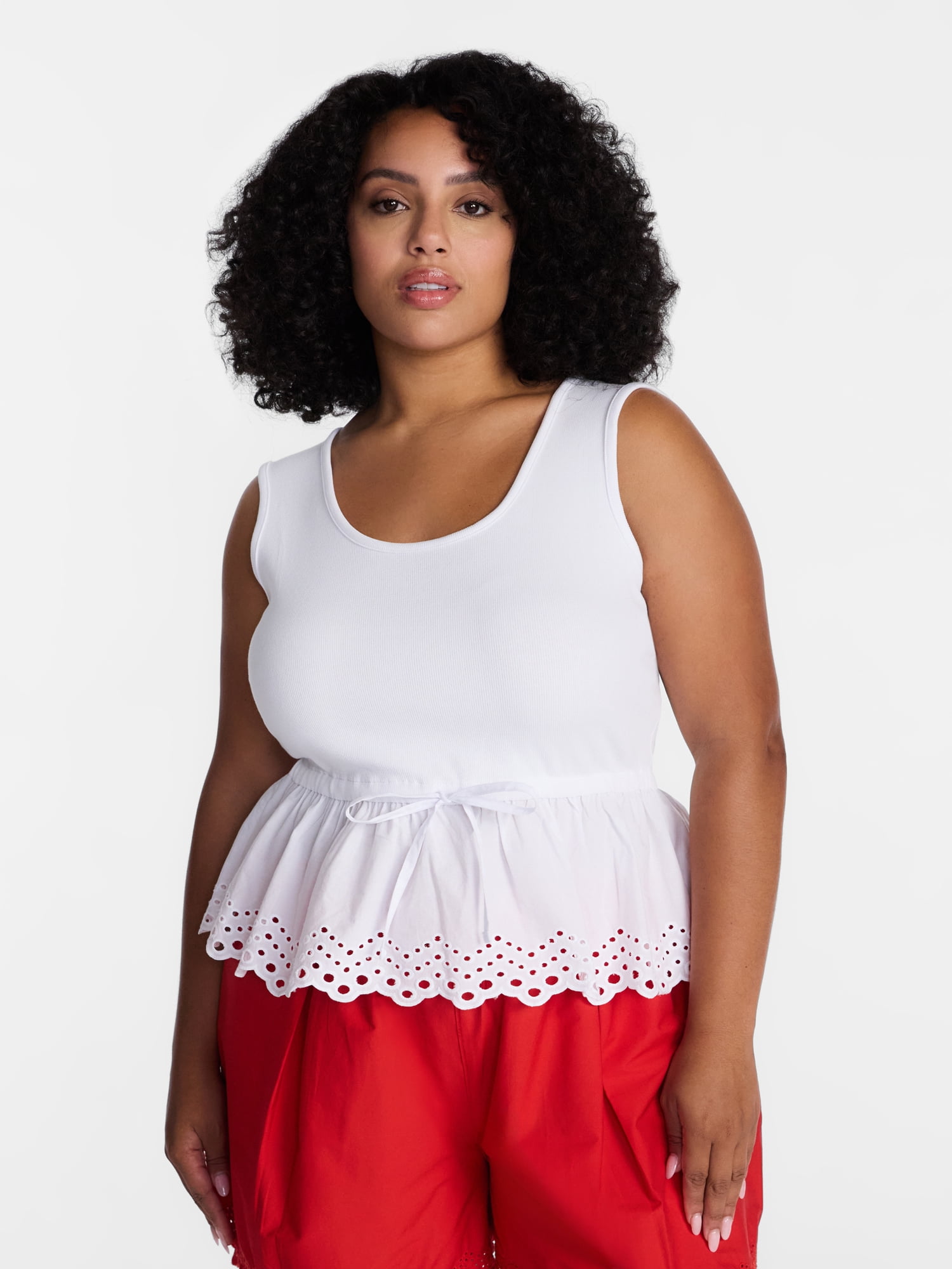 Time and Tru Women's Eyelet Trim Tank Top with Peplum Hem, Sizes XS-XXXL