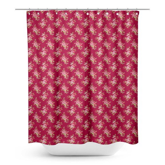 S4Sassy Pink Leaves & Camellias Floral Decorative Waterproof Printed Shower Curtain Roller Hooks Drapes-60 x 70 Inch