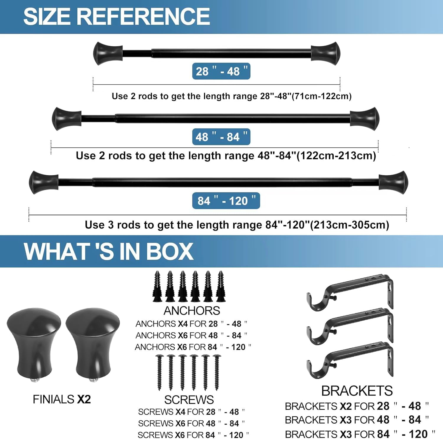 Urbanest Adjustable Single Curtain Rod Set Buckingham Finials – 5/8-Inch Diameter, With Black Rod, 48–84 Inches