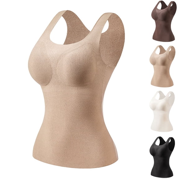 Einccm Women's Built-in Bra Sleeveless Round-Neck Winter Tank Top Comfy Warm Solid Knit Cami Shirt Undershirt Fitted Basic Layering Top for Casual Fall Winter Fashion