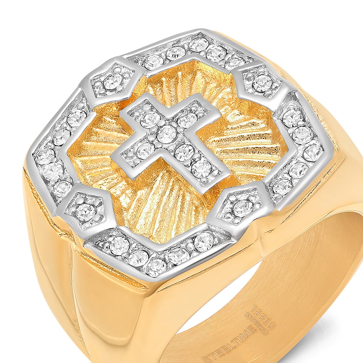 Men's 18K Gold Plated Stainless Steel Simulated Diamond Border Cross Ring