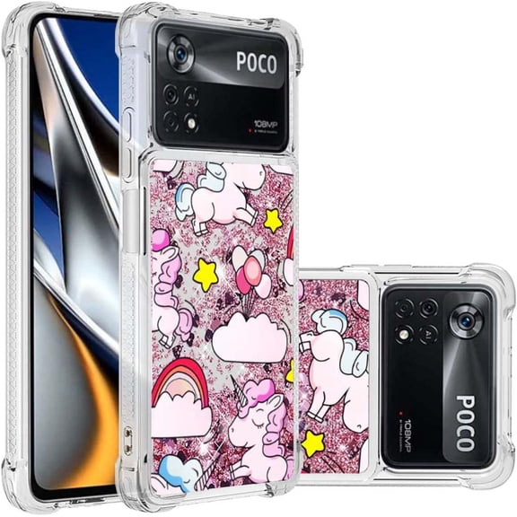 Phone Case for Xiaomi Poco X4 Pro 5G,Crystal Bling Quicksand Effect TPU Bumper Case with Four Corners Drop Protection Cover for Xiaomi Poco X4 Pro 5G,YBDT Pink Horse