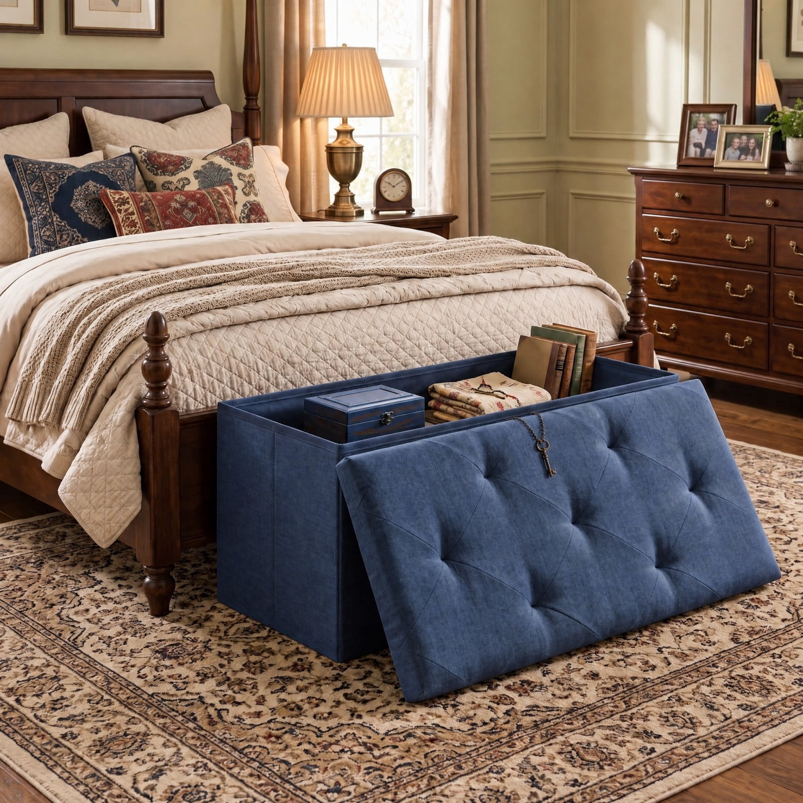 Telyra 43" Foldable Storage Ottoman Bench Fabric Footrest Stool with Foam Padded Seat, Blue
