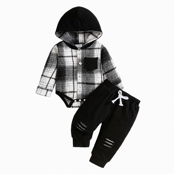 WUANDIXFA 2Pcs Infant Baby Boy Outfit 3 6 9 12 18 Months Romper Bodysuit Pants Fall Clothes Coming Home Outfit,Black,1-3 Months
