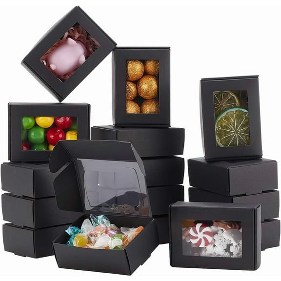 100 Pack Black Kraft Paper Boxes with Clear Window 3.4x2.4x1.2inch Present Packaging Box for Anniversaries Birthdays Weddings Graduation Black 1bag