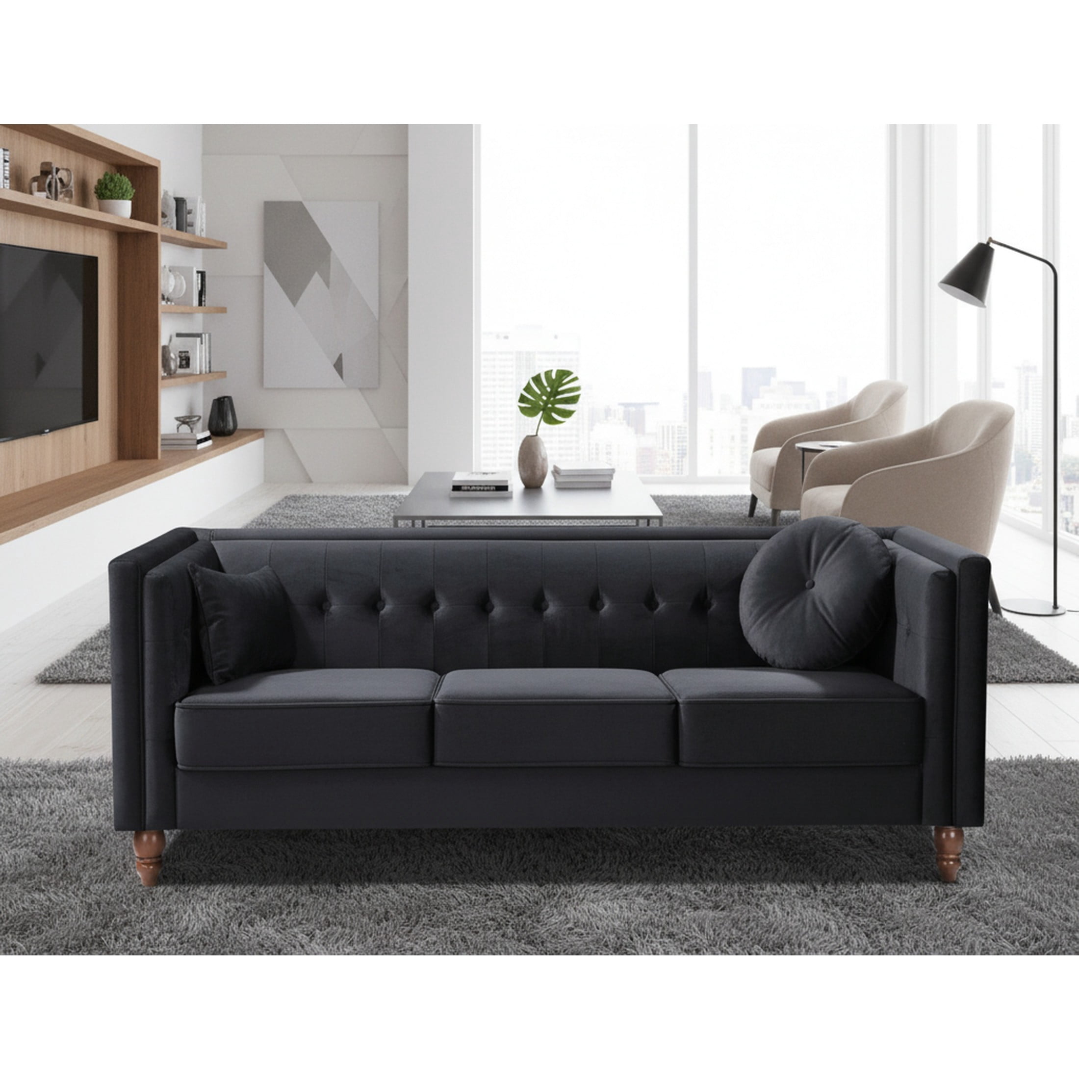 GDF Studio 80.7" Chesterfield Tufted Sofa with Square Arms, Crushed Velvet Upholstery, Black