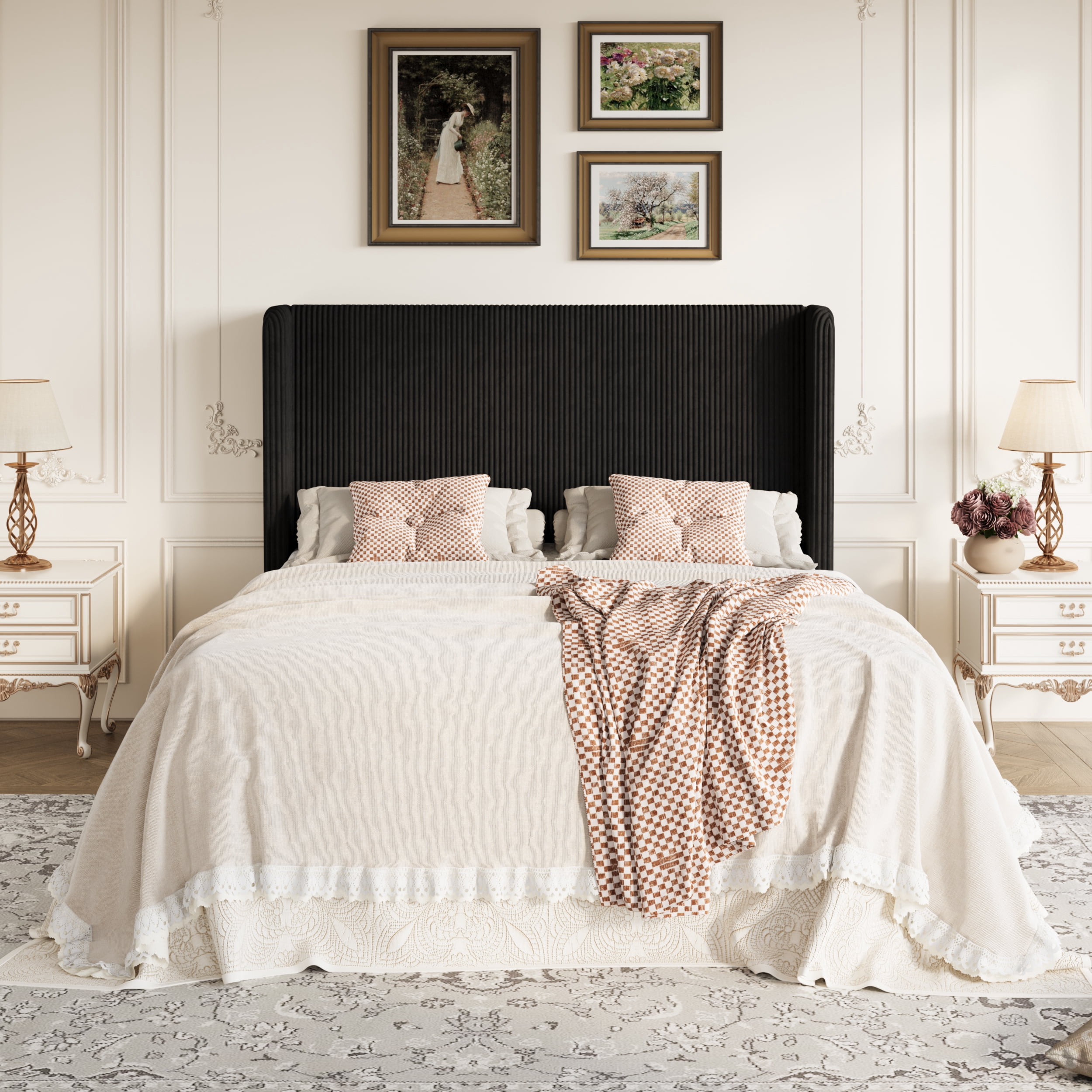 Amolife Full Size Platform Bed Frame with Velvet Upholstered Wingback Headboard, Black