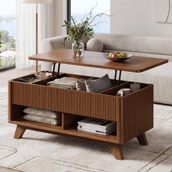 ROGALIS 39.3" Lift Top Coffee Table,Fluted Coffee Table with with Hidden Storage Compartment,Mid-Century Modern Coffee Table with Lifting Top for Living Room, Office, Walnut