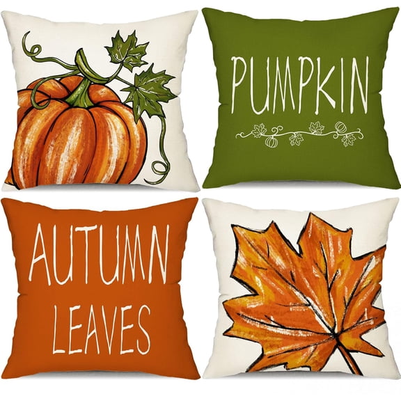 Fall Pillow Covers 18x18 inch Set of 4 Pumpkin Maple Leaf Hello Pumpkin Happy autumn Decorative Throw Pillow Case Autumn Thanksgiving Farmhouse Orange Decoration for Home couch