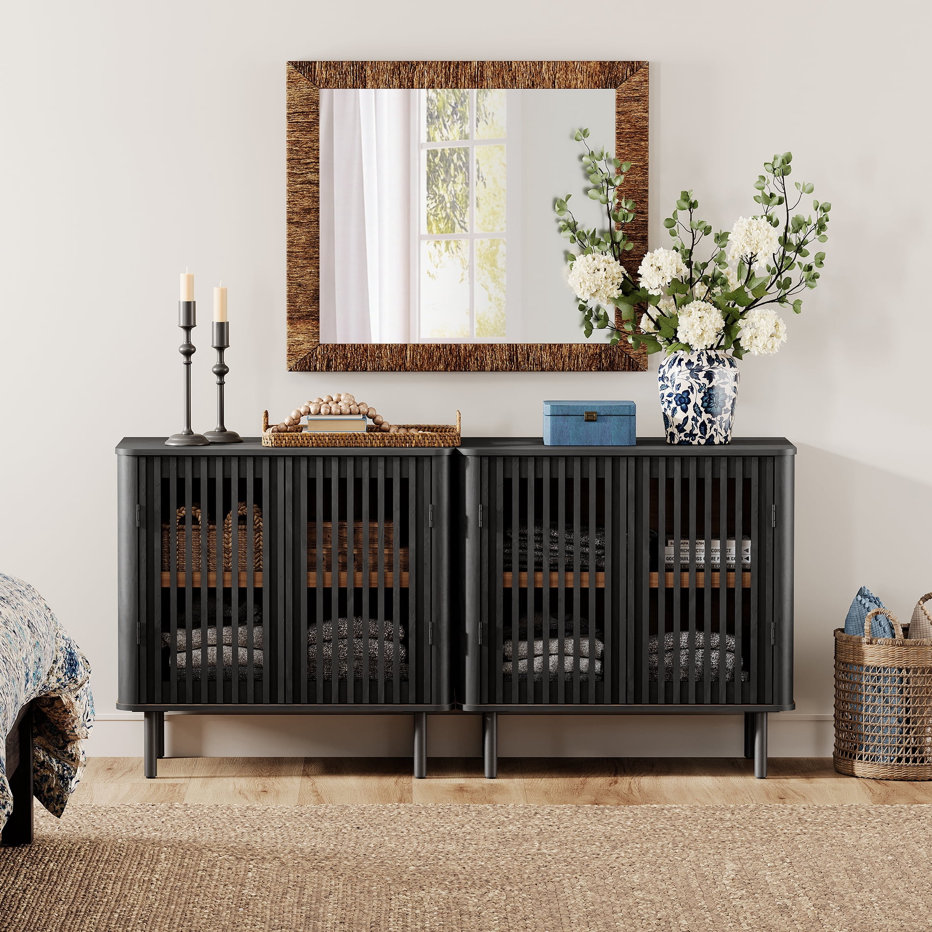 31.5" Mid Century Modern Sideboard Buffet Cabinet with Storage,Fluted Sideboard Cabinet with Adjustable Shelf, Black