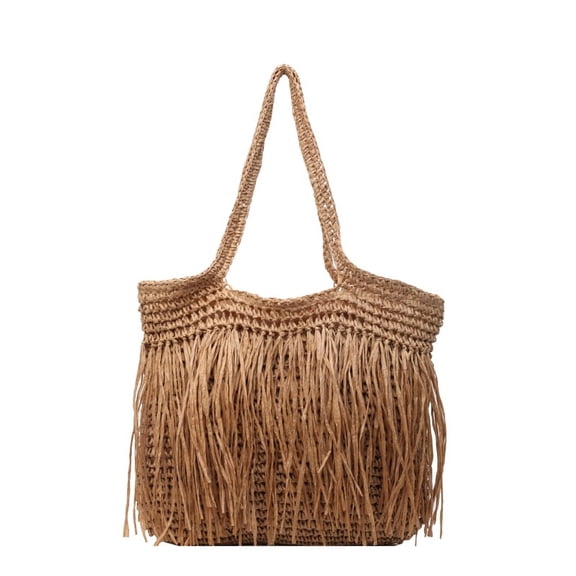 Women Straw Woven Tote Bag with Tassel, Simple Casual Summer Beach Shoulder Bag for Travel Vacation (Khaki)