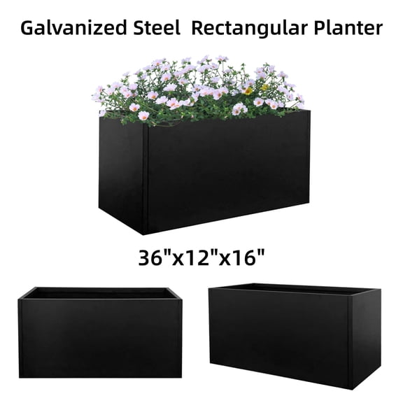 36"x12"x16" Metal Planter Box with Drainage Hole Large Rectangular Planters Flower Containter for Outdoor Garden Patio Deck Yard Porch Tall Square Pots Galvanized Steel Heavy Duty, Black