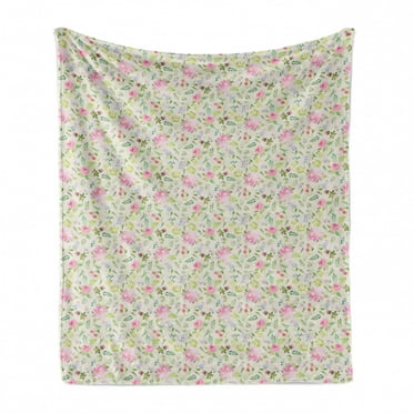 Floral Soft Flannel Fleece Throw Blanket, Soft Pastel Watercolored Design of Spring Revival Theme Fresh Flowers and Plants, Cozy Plush for Indoor and Outdoor Use, 70" x 90", Multicolor, by Ambesonne