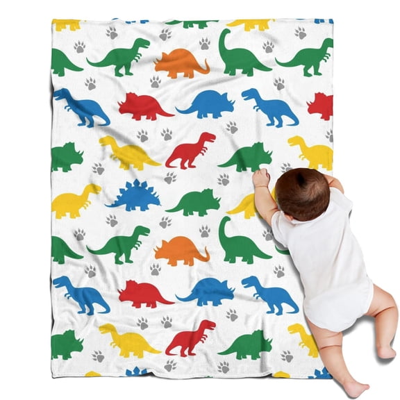 White Colorful Dinosaurs Paw Prints Pattern Blanket,Comfortable Soft Flannel Throw Blanket,All Season,Warm Lightweight Blankets for Sofa Bed Couch Living Room Chair,30"x40"