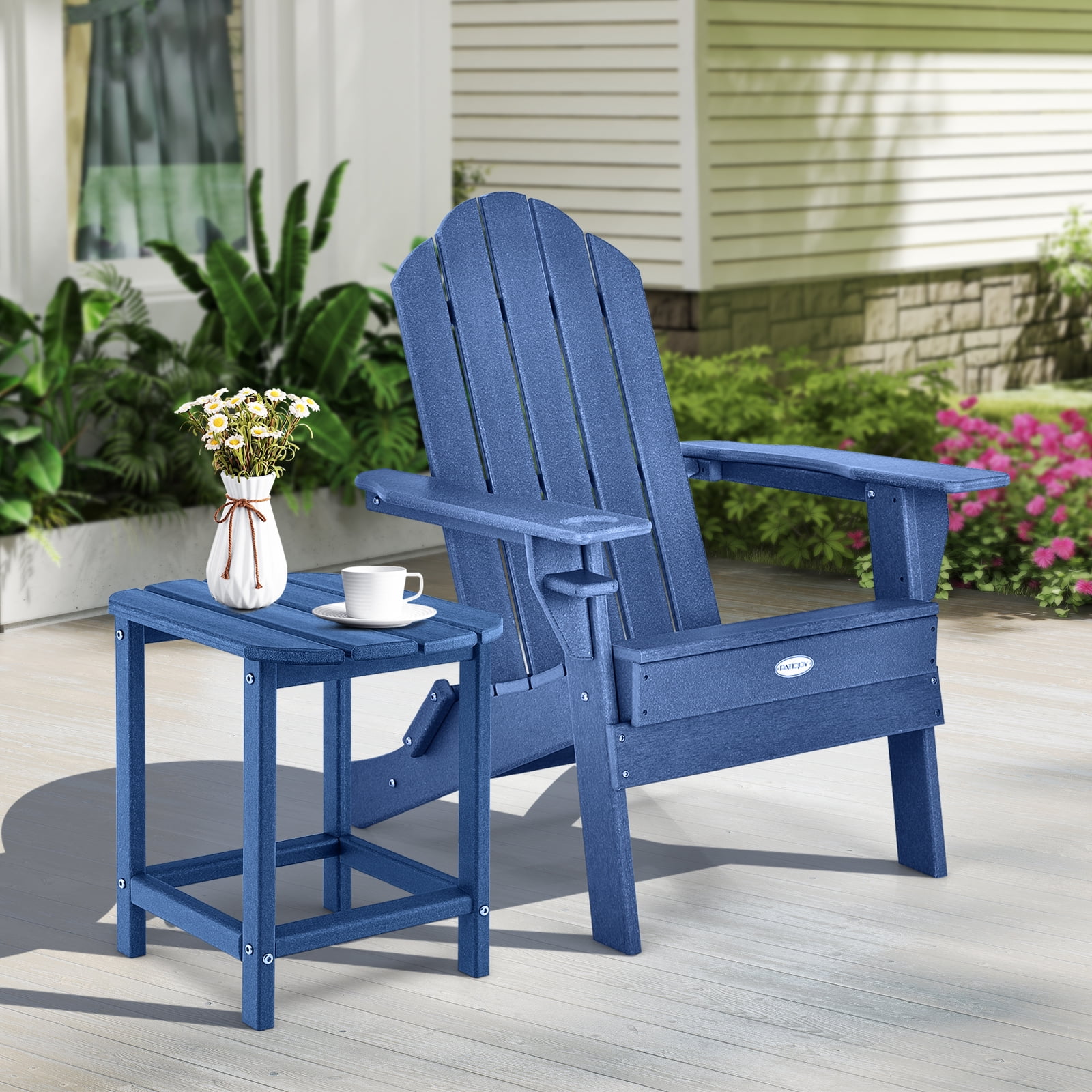 Gymax 3 PCS Patio Folding Adirondack Chair Side Table Cup Holder HDPE Navy