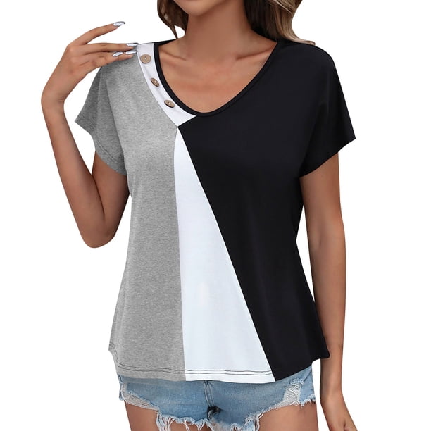 Gibobby Casual Playera de Manga Corta para Mujer Top manga corta con cuello en V suelto informal para mujer con diseño personalidad(Gris,G)