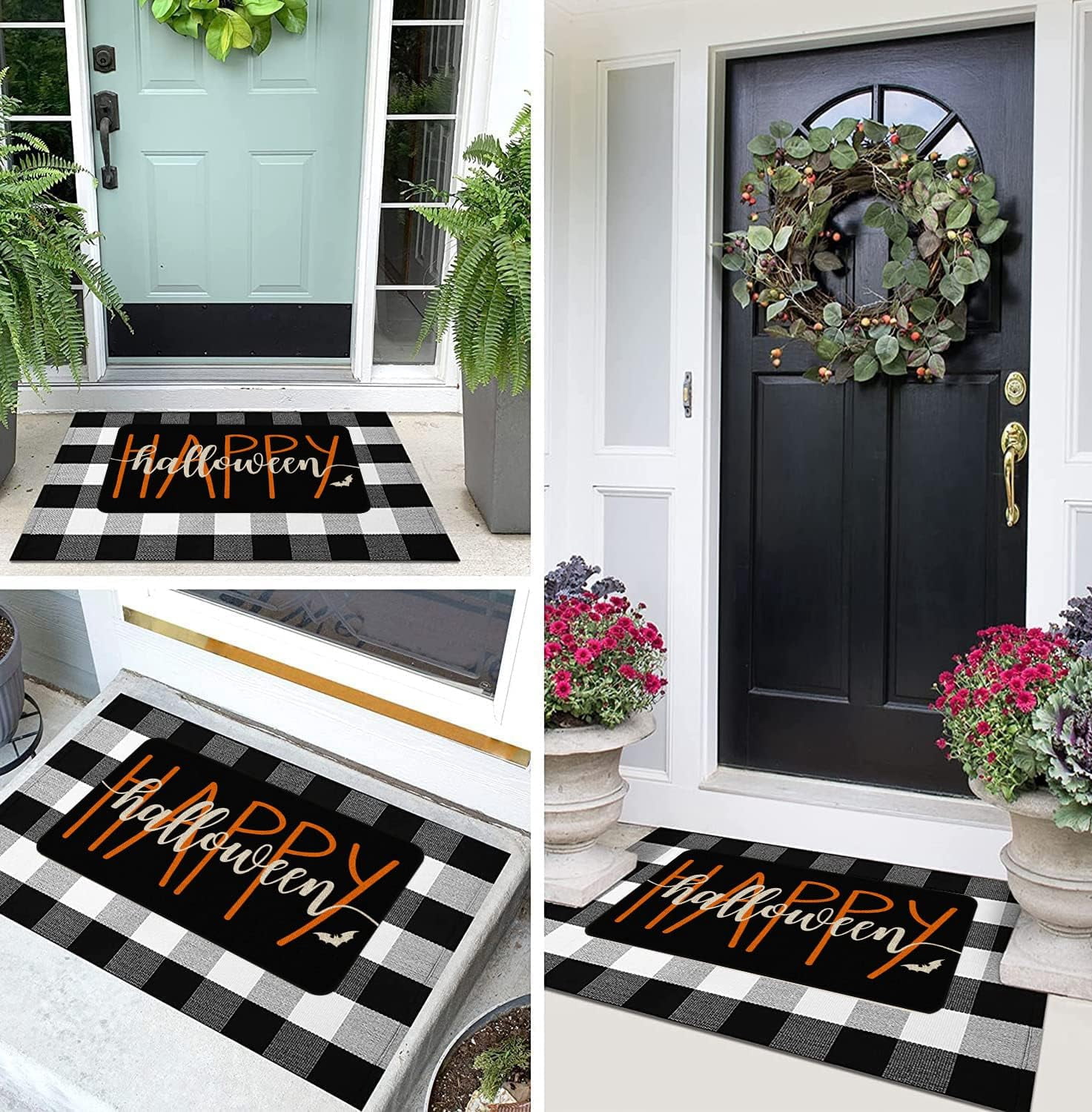 Happy Halloween Door Mat Indoor Outdoor Front Door Mat Non-Slip Durable Rubber Black and Orange Funny Door Mats Low Profile Machine Washable Door Rug for Entry, Patio,Lawn, 30x17 Inch