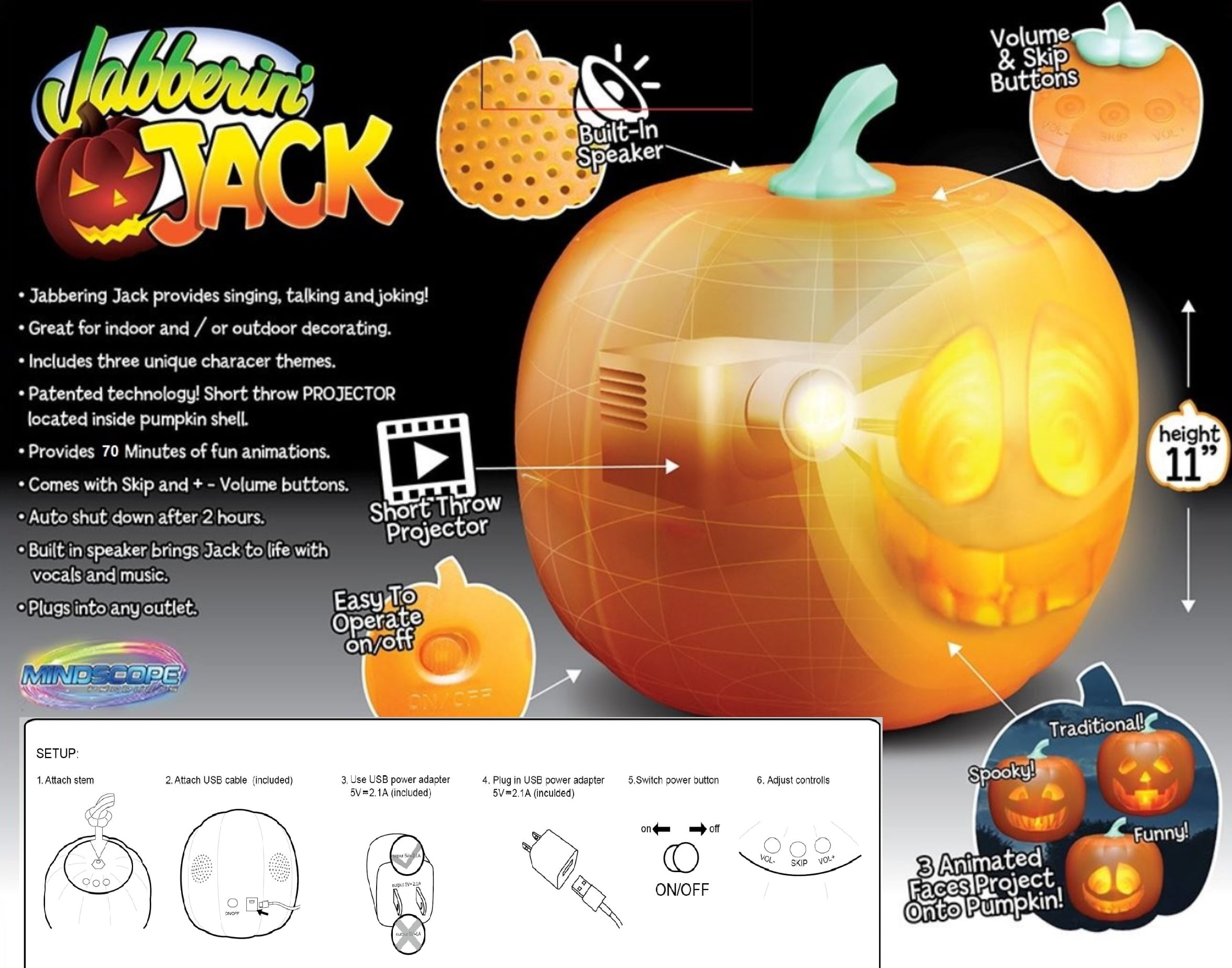 Mindscope Jabberin Jack Talking Animated Pumpkin with Built in Projector & Speaker Plugn Play