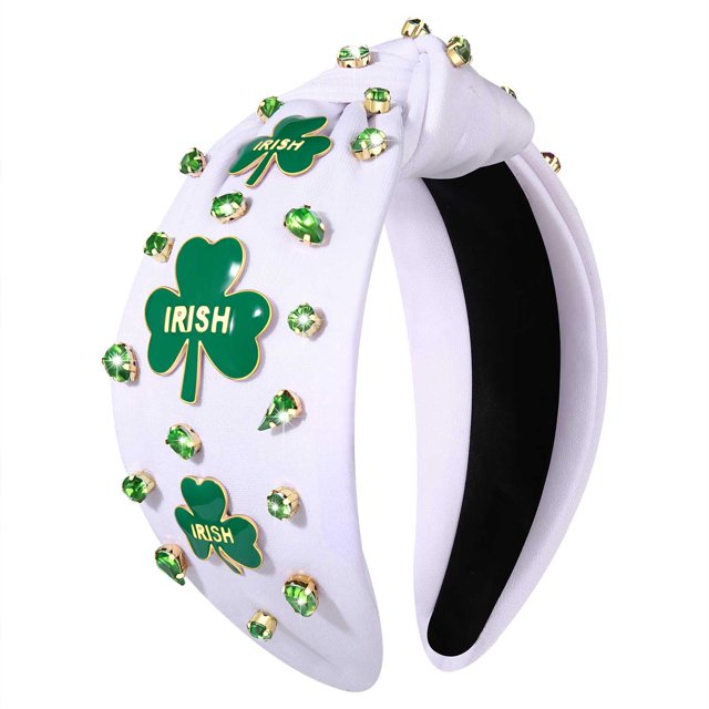 Boderier Diadema del día de San Patricio, diadema de trébol irlandés verde, accesorios anudados para fiestas navideñas con cristales (trébol irlandés)