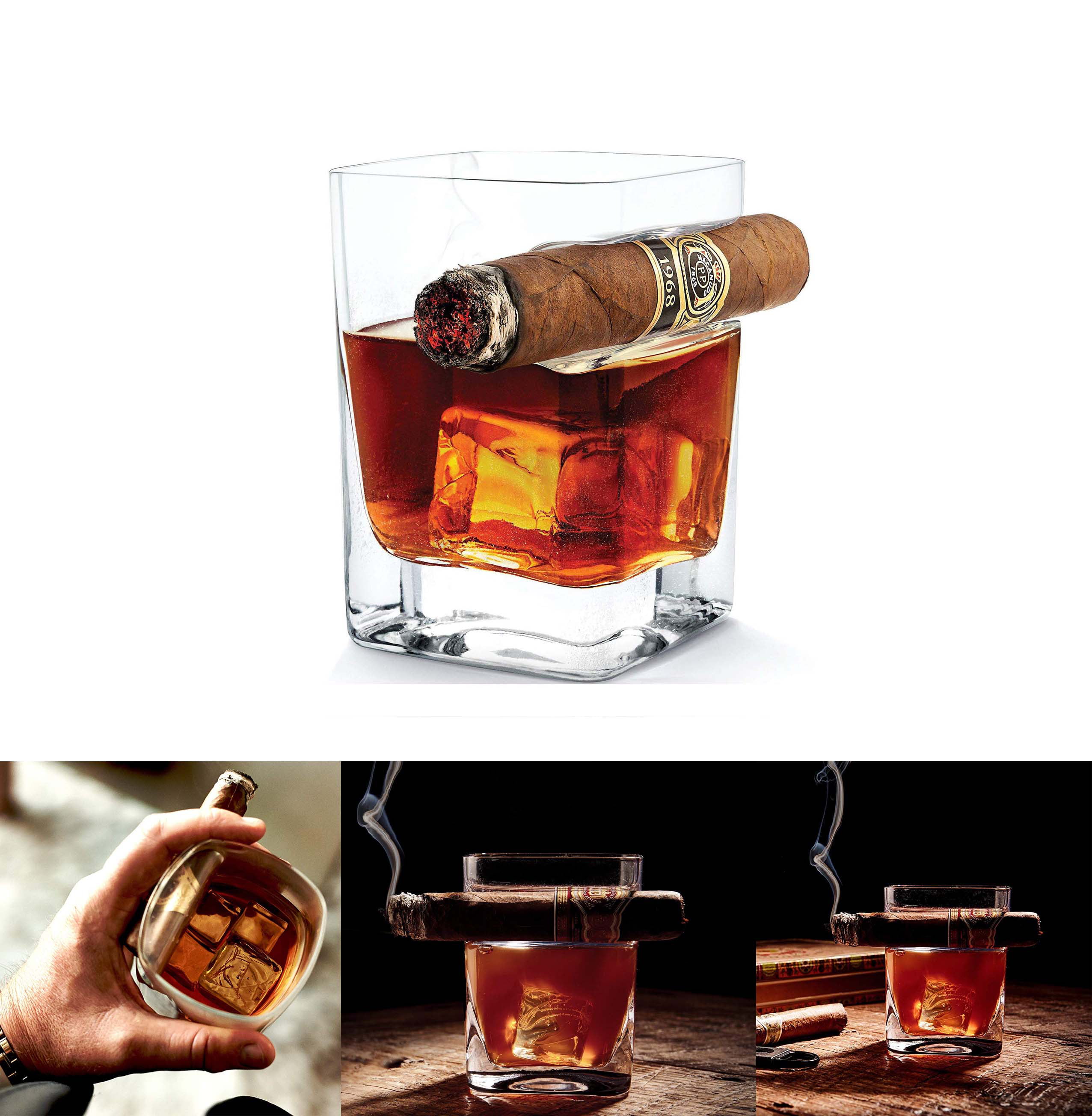 Velarnet Cigar Glass-Double Old Fashioned Whiskey Glass With Built-In Cigar Rest Specially Designed for Whiskey & Cigar Lovers